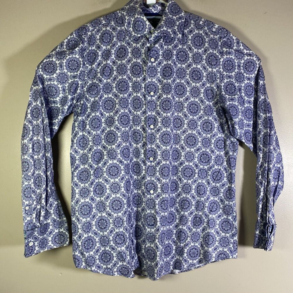 VTG Banana Republic Medallion Print Dress Shirt Flip Cuff Purple Blue Men Large